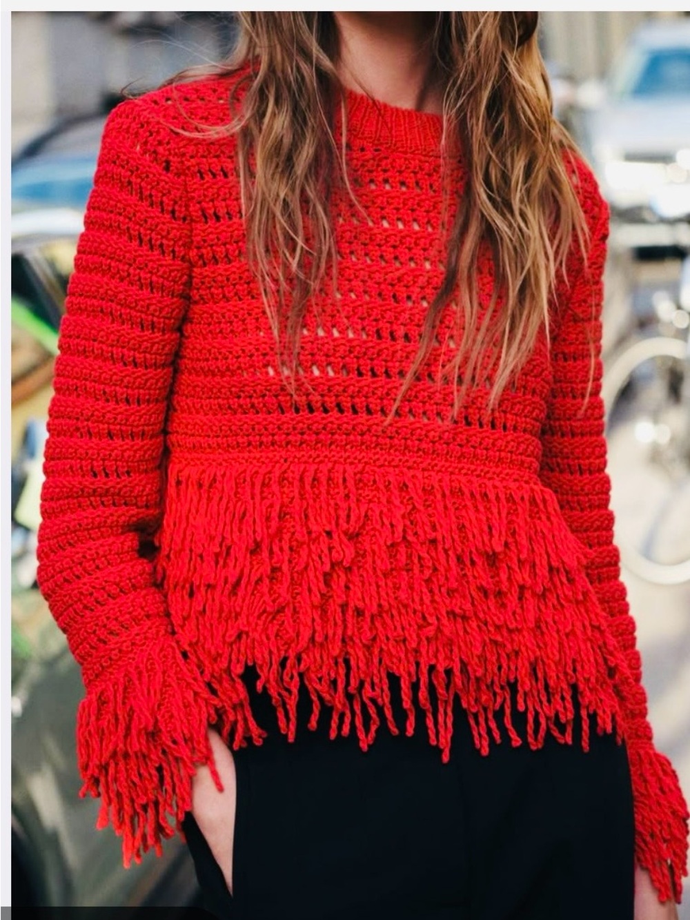 Zara Red Crochet Fringe Crewneck Sweater